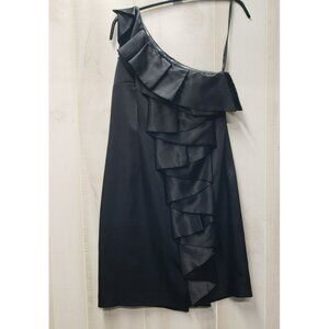 Calvin Klein Black Satin Dress w Ruffle, One Shoulder, Sz 6, Cocktail, HOCO PROM